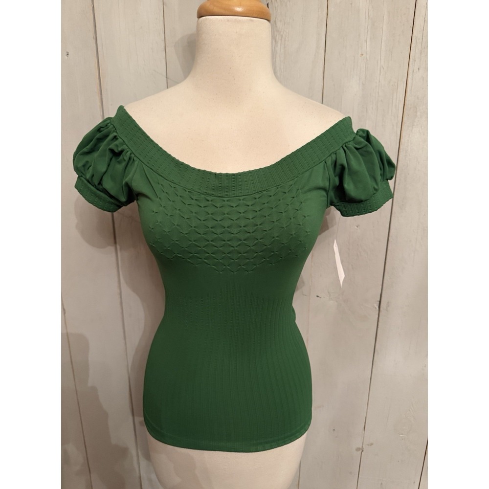 Free People Movement Green M/Lg Ribbed Knit Off-Shoulder Puff Sleeves Top New‎